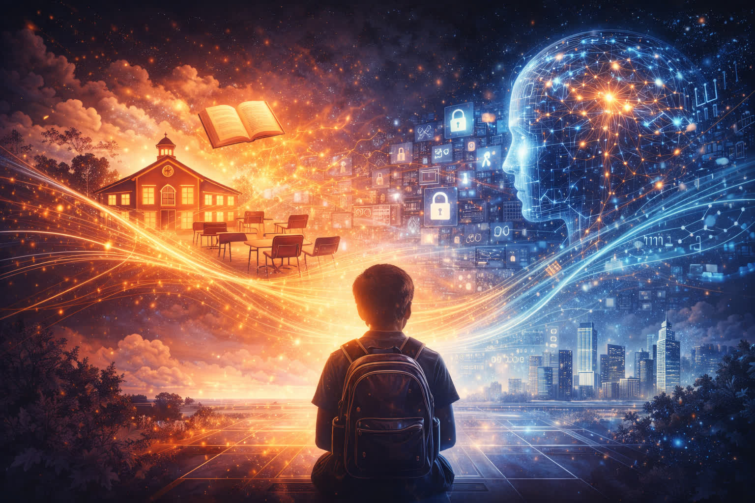 Ilustracao simbolica sobre escola, futuro e pensamento critico na era da IA