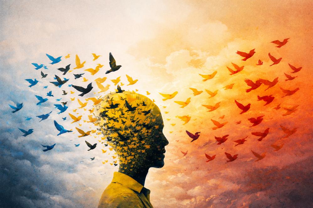 Silhueta humana com pássaros de várias cores a sair da cabeça